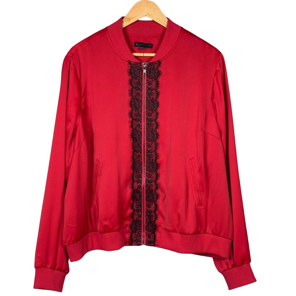 Lane Bryant Satin Lace Bomber Jacket Womens Lined Ribbed Zip Front 18/20 Red